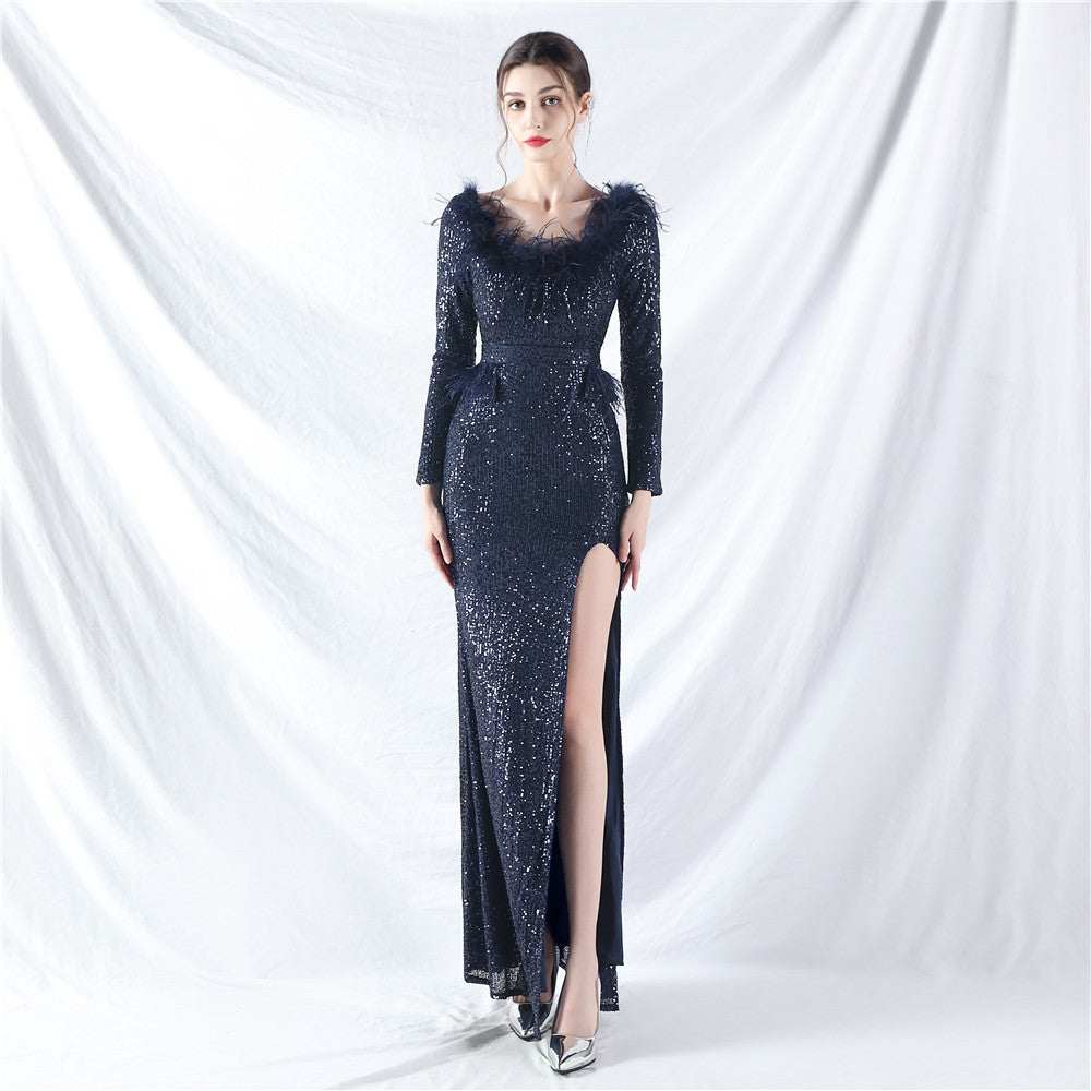 31957 #Popular trade new craft order ostrich hair long-sleeved bead evening dress