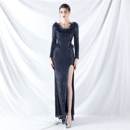 31957 #Popular trade new craft order ostrich hair long-sleeved bead evening dress