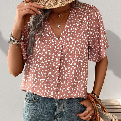 LOVEVOP New Cross-border popular Summer New 2025 Women's Clothing Pullover Top Leopard Print V-Neck Shirt