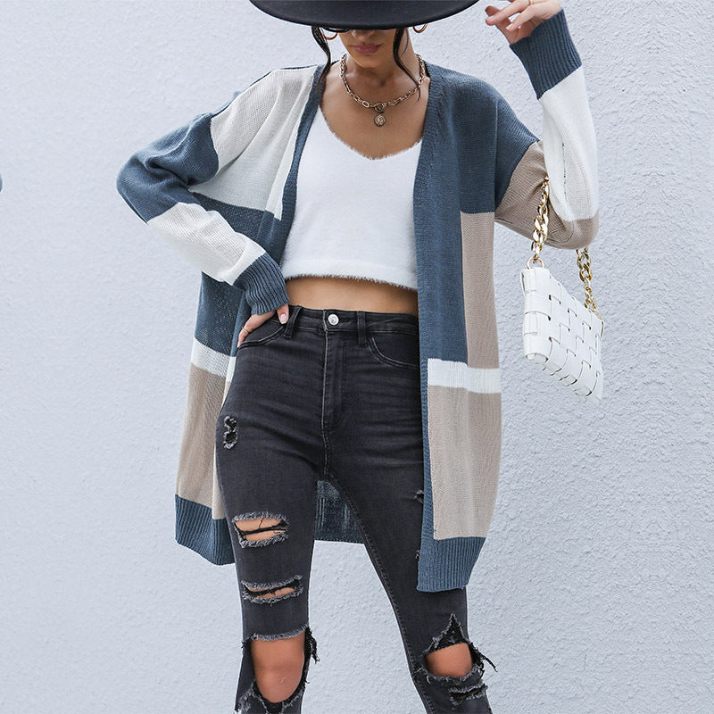 LOVEVOP New  Hot Early Autumn New Long Contrasting Sweater Casual Japanese Cardigan Jacket Women