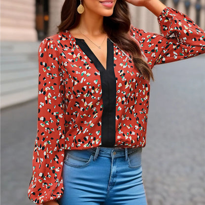 LOVEVOP 2025 New Popular trade women's clothing spring and autumn comfortable casual long-sleeved top V-neck contrasting splicing blouse