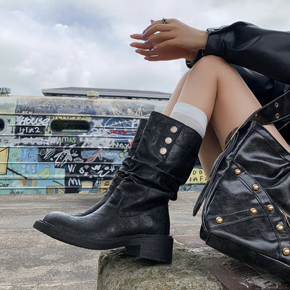 2025  Vintage two-wear western boots stacking boots medium tube long boots knight boots martin boots women's autumn and winter