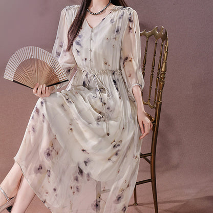 2025 Ink smudge silk dress 100 mulberry silk new Chinese style printed long dress, mesh women's clothing summer