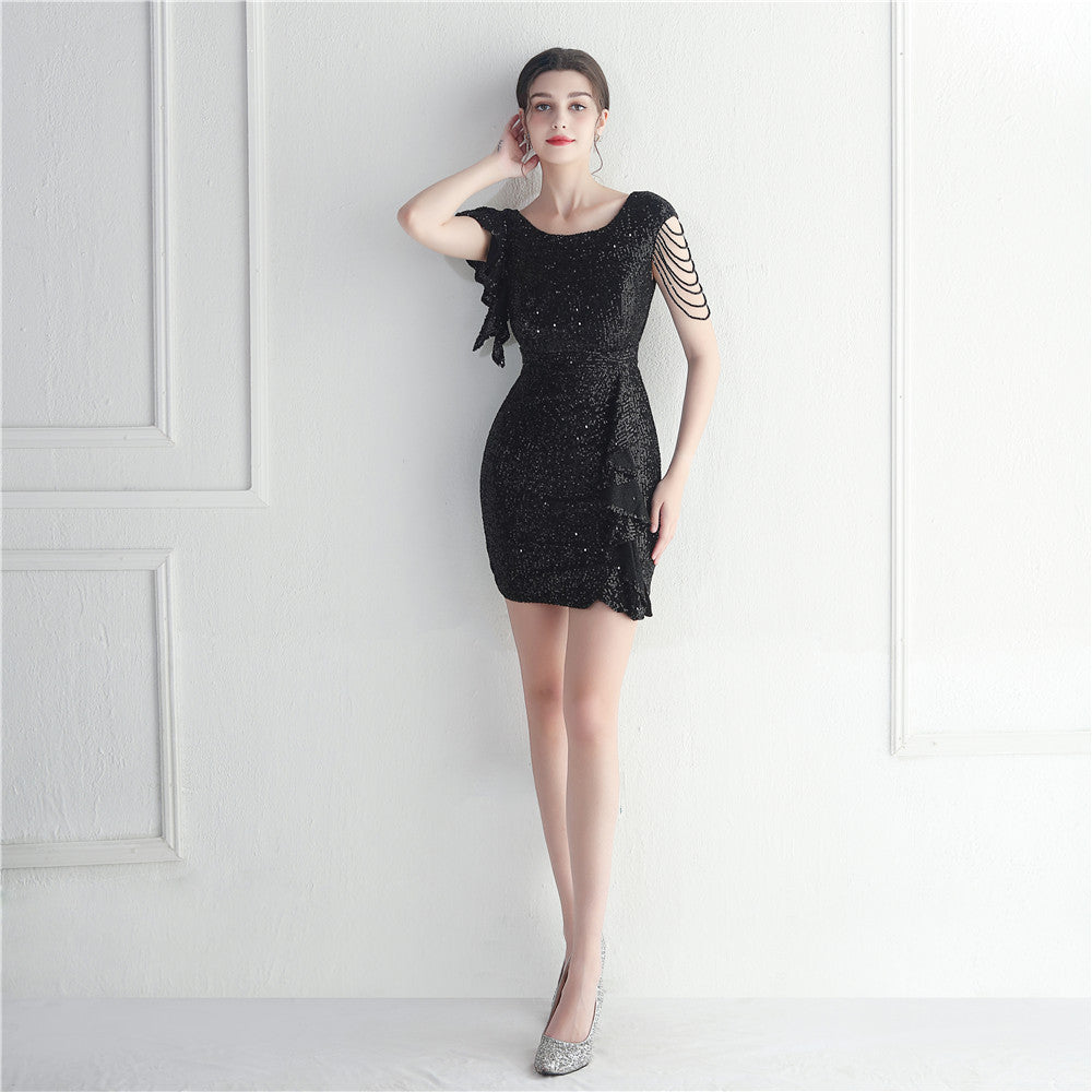 19989 #Hot trade spot beaded sequined short skirt car model Internet celebrity nightclub party sexy hip wrap short dress