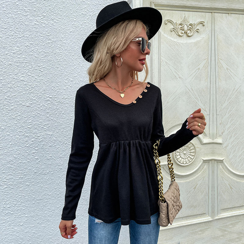 LOVEVOP Popular trade New new products autumn Middle East women's black v-neck button-pulled pleated bottomed knitted jumper