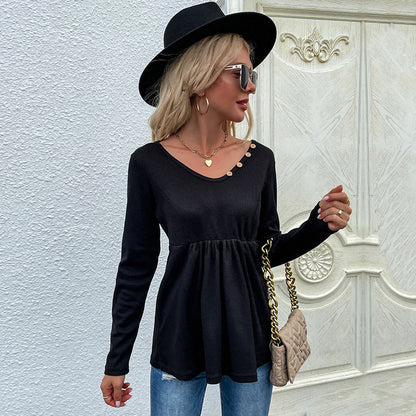 LOVEVOP Popular trade New new products autumn Middle East women's black v-neck button-pulled pleated bottomed knitted jumper