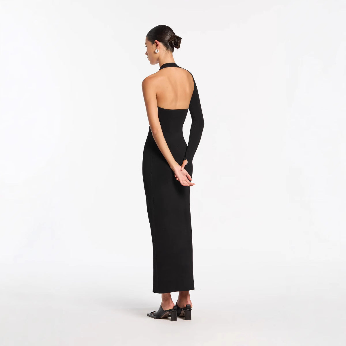 LOVEVOP 's new black knitted women's clothing single-sleeved hollow elastic long dress bandage skirt high-end