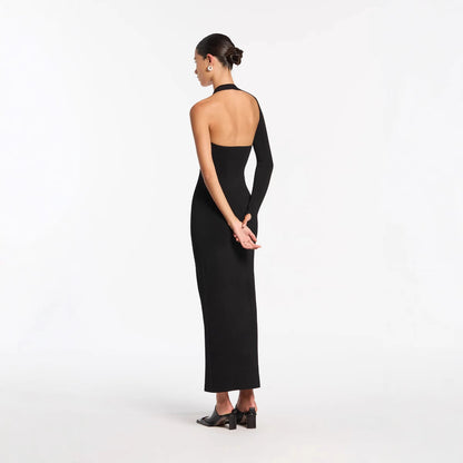 LOVEVOP 's new black knitted women's clothing single-sleeved hollow elastic long dress bandage skirt high-end