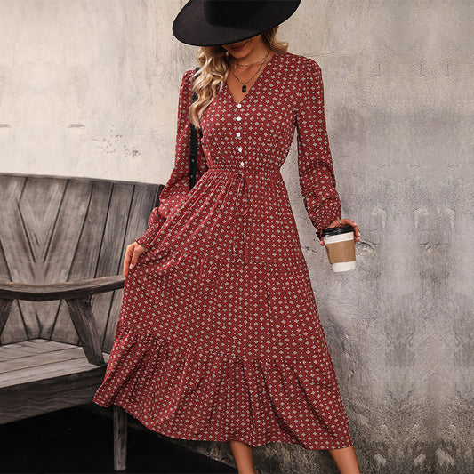 LOVEVOP Hot cross-border dress long-sleeved ruffle edge long dress V-neck buckle skirt red retro women's dress