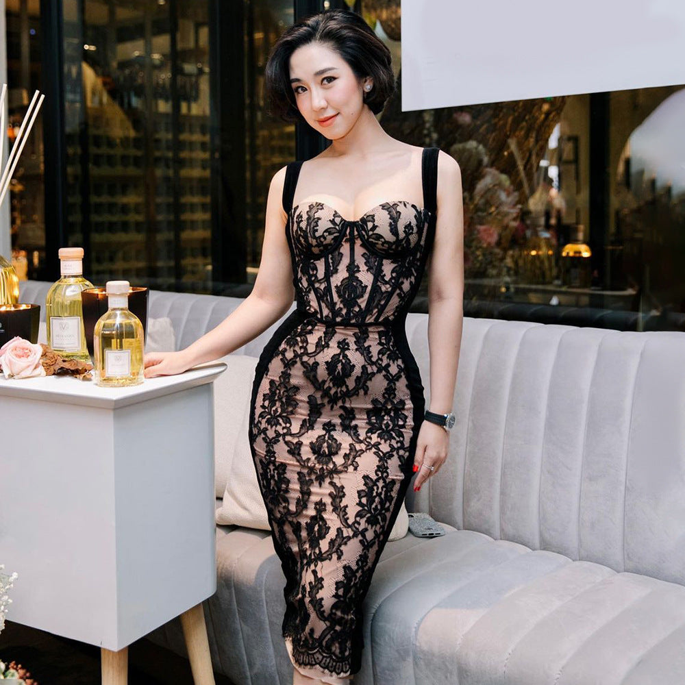 LOVEVOP 2023 autumn new retro lace suspender skirt sexy long dress nightclub slim  women's Popular trade dress