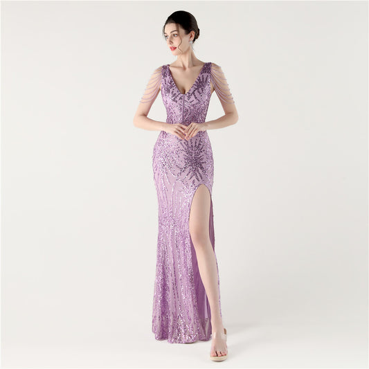 33352 #2025 New Heavy Industry Fishbone Waist Strap Deep V High Split Evening Dress, Red Carpet Dinner Host