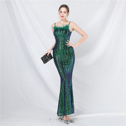 31831 #Hot Trade New Craft Ostrich Hair High-end Symphony Bead Evening Dress Banquet Party Dress