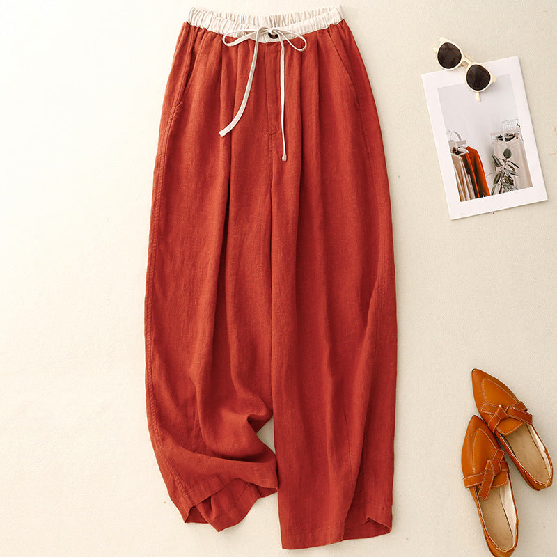 spring and summer high waist loose drape long straight pants cotton and linen versatile pants elastic pants belt drawstring