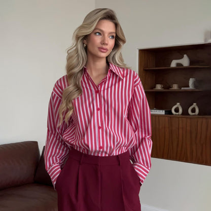 New new red striped shirt niche design British women's long-sleeved women's lining