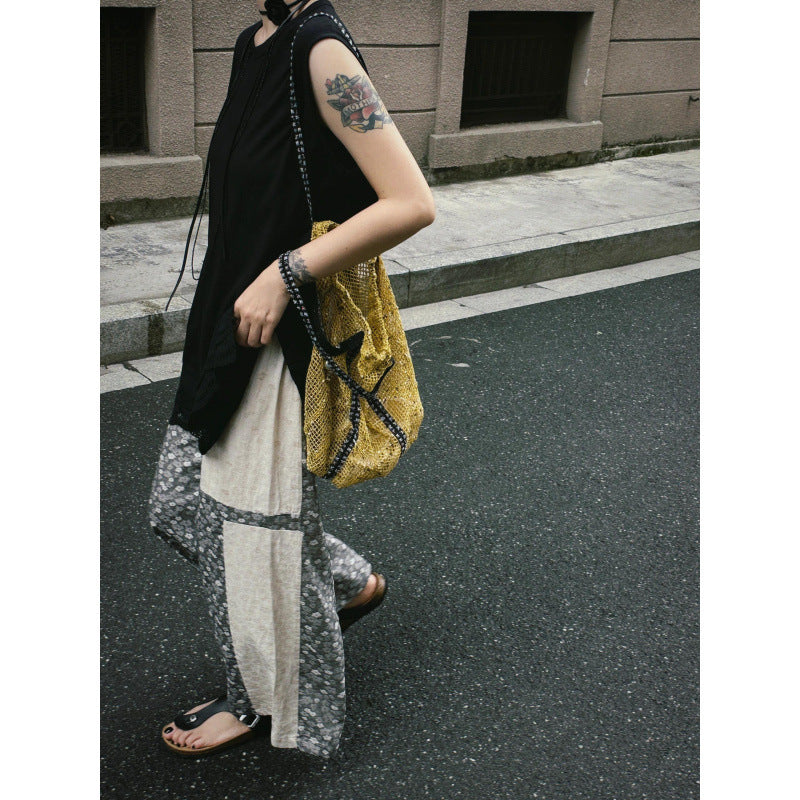 Japanese retro gray floral splicing cotton and linen casual pants women's spring new small straight wide-leg walking pants