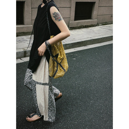 Japanese retro gray floral splicing cotton and linen casual pants women's spring new small straight wide-leg walking pants