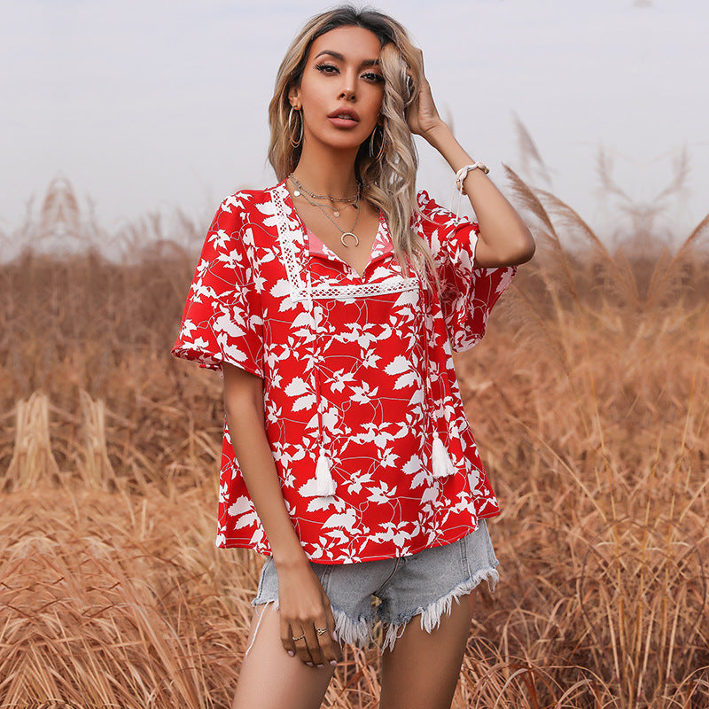 LOVEVOP New new loose-print lace-up short-sleeved lace splicing 2025 tops, red shirts, women's summer