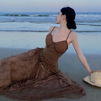 2025 Ethnic style suspender dress women's summer new retro temperament high sense heavy industry fringed lace vacation skirt