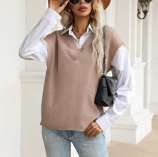 LOVEVOP Hot cross-border new autumn solid color v-neck knitted sweater commuter sleeveless vest vest 2025 V-neck top