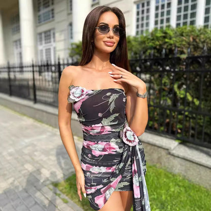 LOVEVOP popular spring and summer new printing three-dimensional embroidery tube top dress mesh yarn new fashion design wholesale women's clothing