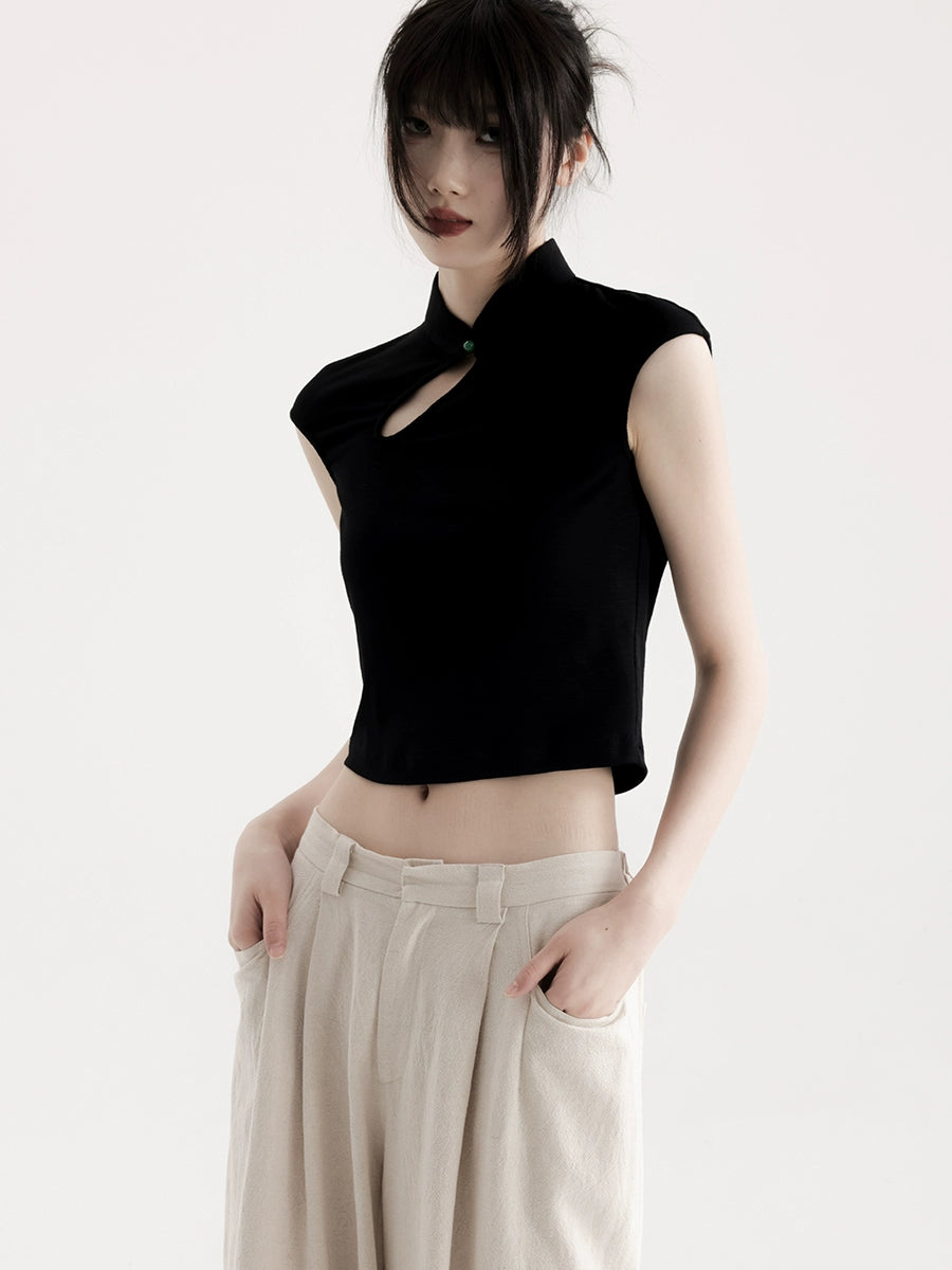 APOZi collection new Chinese stand-up collar short sleeve summer retro flying sleeve hollow top