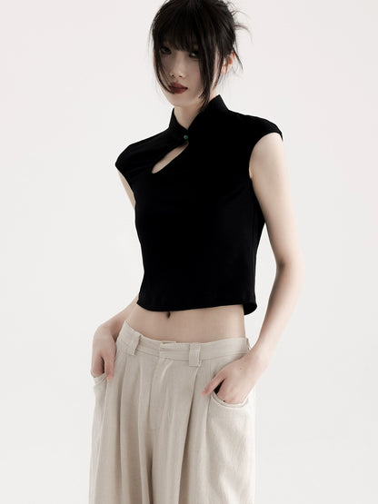 APOZi collection new Chinese stand-up collar short sleeve summer retro flying sleeve hollow top