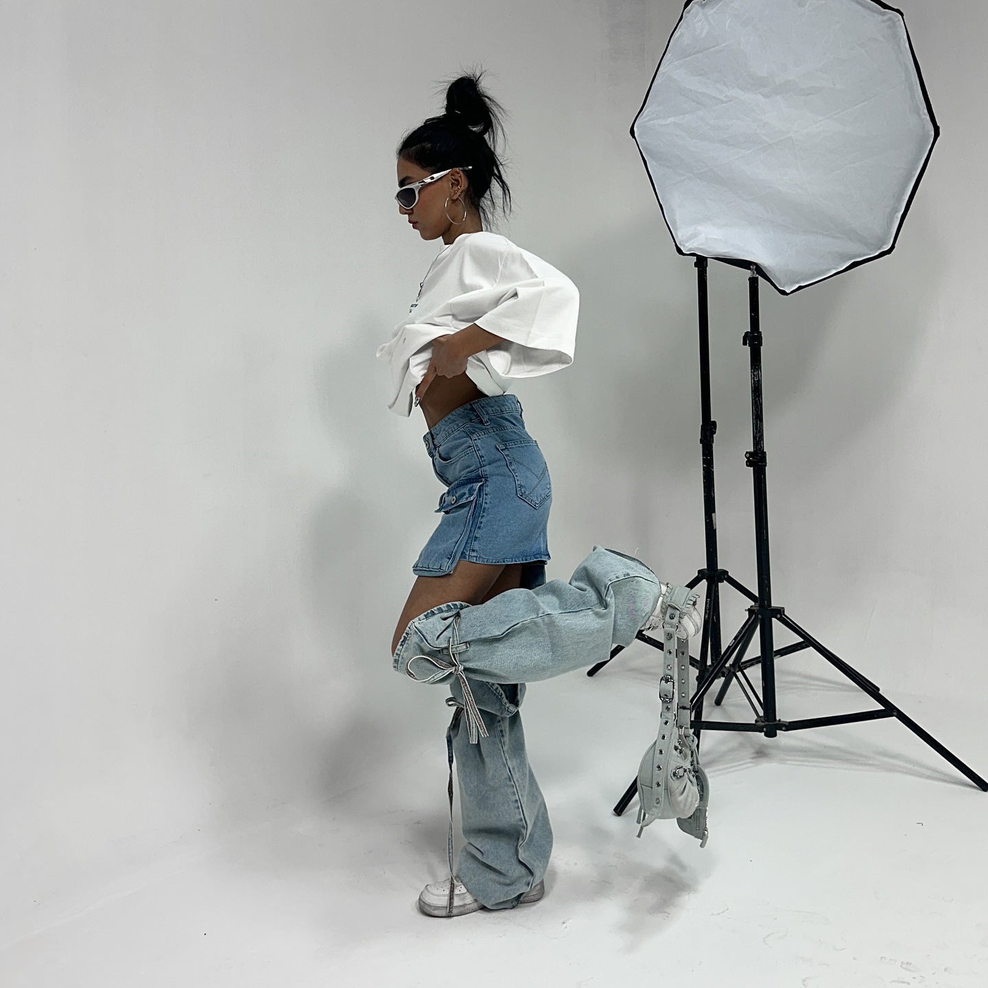 Big pocket splicing tooling denim skirt new street hottie high waist hip wrap a word female drape short skirt female