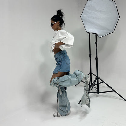 Big pocket splicing tooling denim skirt new street hottie high waist hip wrap a word female drape short skirt female