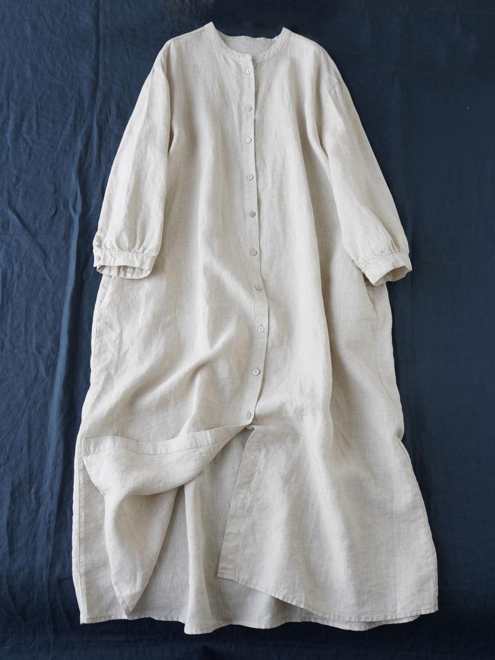 Japanese literary stand-up collar long shirt skirt  summer new Mori age-reducing loose cotton and linen robe dress