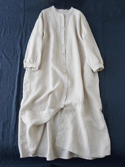 Japanese literary stand-up collar long shirt skirt  summer new Mori age-reducing loose cotton and linen robe dress