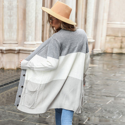 LOVEVOP New  Women's Clothing Hot Autumn and Winter New Long Knitted Cardigan Pocket Twist Sweater Jacket