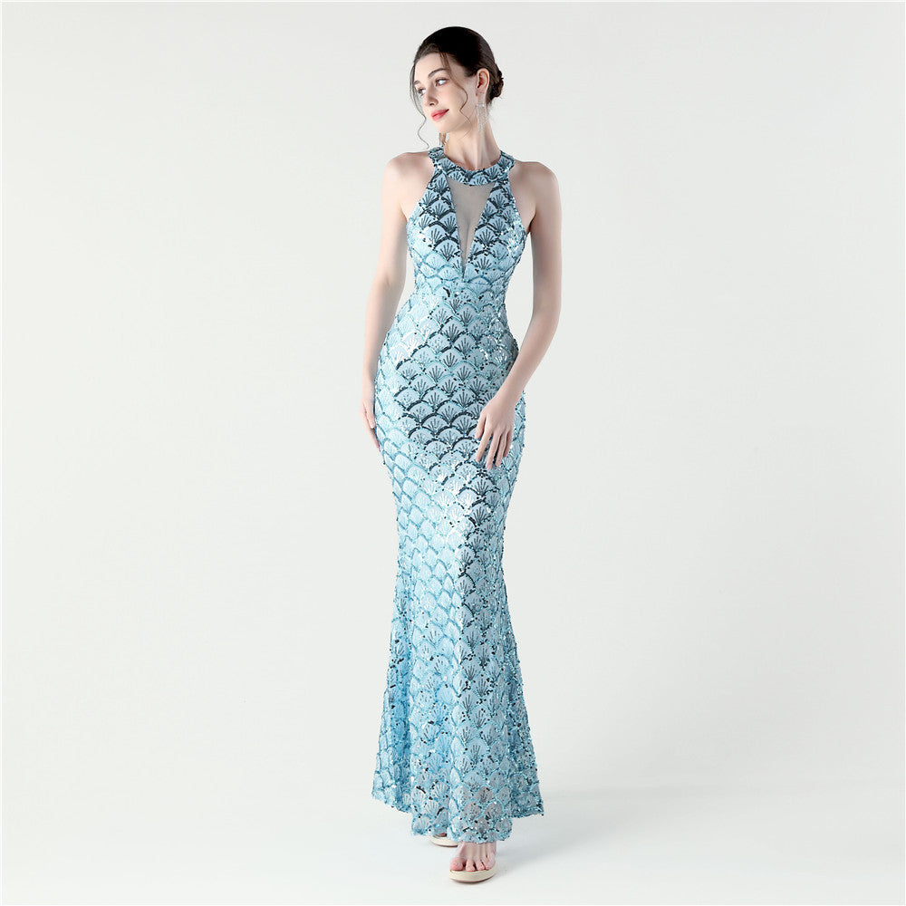 33133 #2025 new sequined mesh slim hip wrap sexy off-the-shoulder women's evening dress dinner party dress