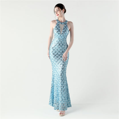 33133 #2025 new sequined mesh slim hip wrap sexy off-the-shoulder women's evening dress dinner party dress