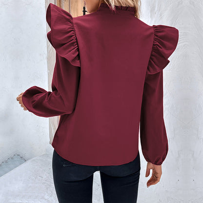 LOVEVOP New Cross-border 2025 commuter women's clothing Hot early autumn new ruffle edge long-sleeved design shirt