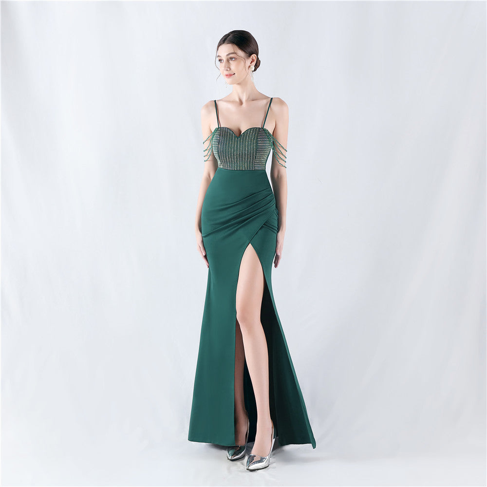 33022 #Popular trade new hot diamond beads high fork satin sexy suspender evening dress