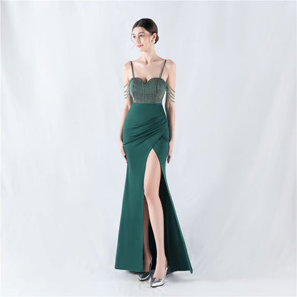 33022 #Popular trade new hot diamond beads high fork satin sexy suspender evening dress