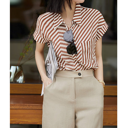2025 Muse high-end silk shirt, women's striped shirt  women's clothing summer new short-sleeved top