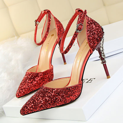 2025 283-5  style fashionable and sexy hollow nightclub showing thin metal heel high heel sparkling sequins with sandals