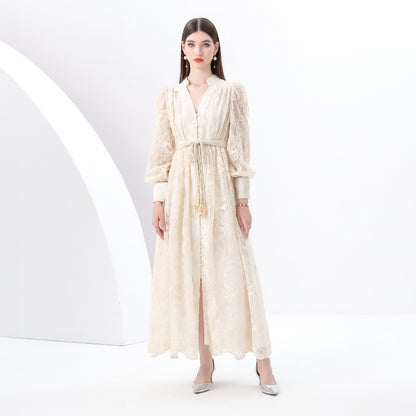 style elegant V-neck single-breasted heavy industry crochet embroidery lantern sleeve lace-up waist pendulum long dress