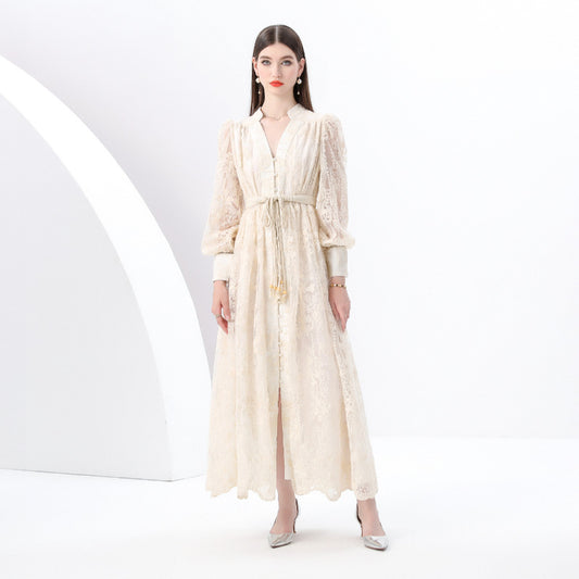 style elegant V-neck single-breasted heavy industry crochet embroidery lantern sleeve lace-up waist pendulum long dress