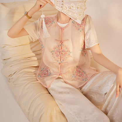 summer new light vest new Chinese buckle high-end design embroidered mulberry silk top women's M6031