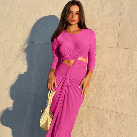 LOVEVOP 2025 cross-border Hot autumn and winter new women's clothing fashion temperament pleated round neck high split fork slim long sleeve dress