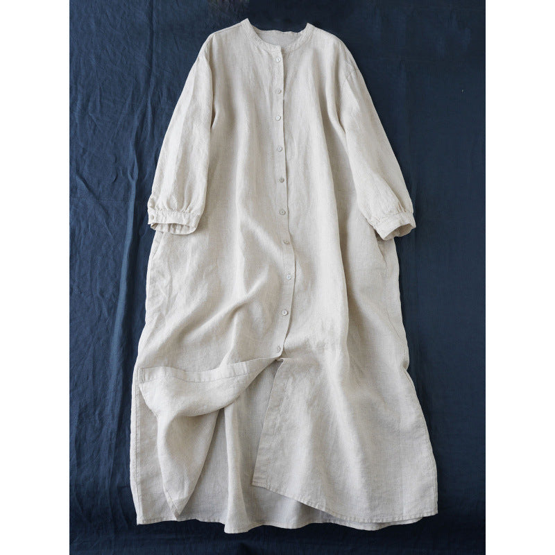 Japanese literary stand-up collar long shirt skirt  summer new Mori age-reducing loose cotton and linen robe dress