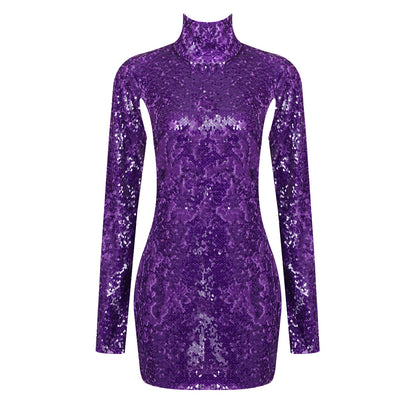 LOVEVOP popular  women's clothing purple beaded round neck halter skirt long sleeve winter new party dress sexy hip skirt