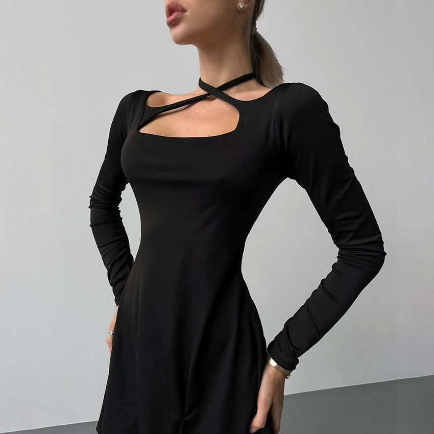 2025 Autumn and winter black sexy slim fit and thin knitted square collar design lace-up dress New commuting split skirt