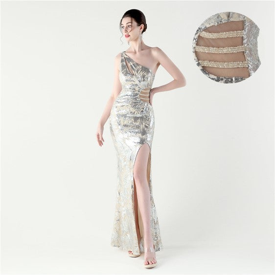 31702 #2025 Sexy Slim Fit Hip Wrap Shoulder Slant Neck Sequined Mesh Evening Dress Dinner Party Dress