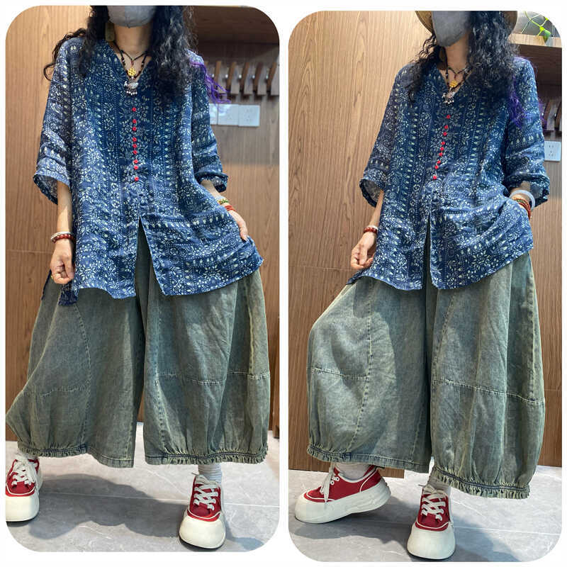 Temperament V-neck printed slim shirt five-quarter-sleeved women's ethnic style top retro summer versatile navy blue shirt