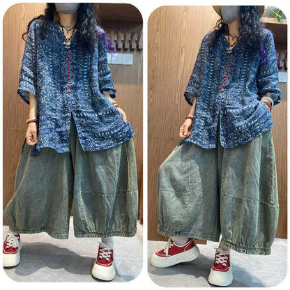 Temperament V-neck printed slim shirt five-quarter-sleeved women's ethnic style top retro summer versatile navy blue shirt