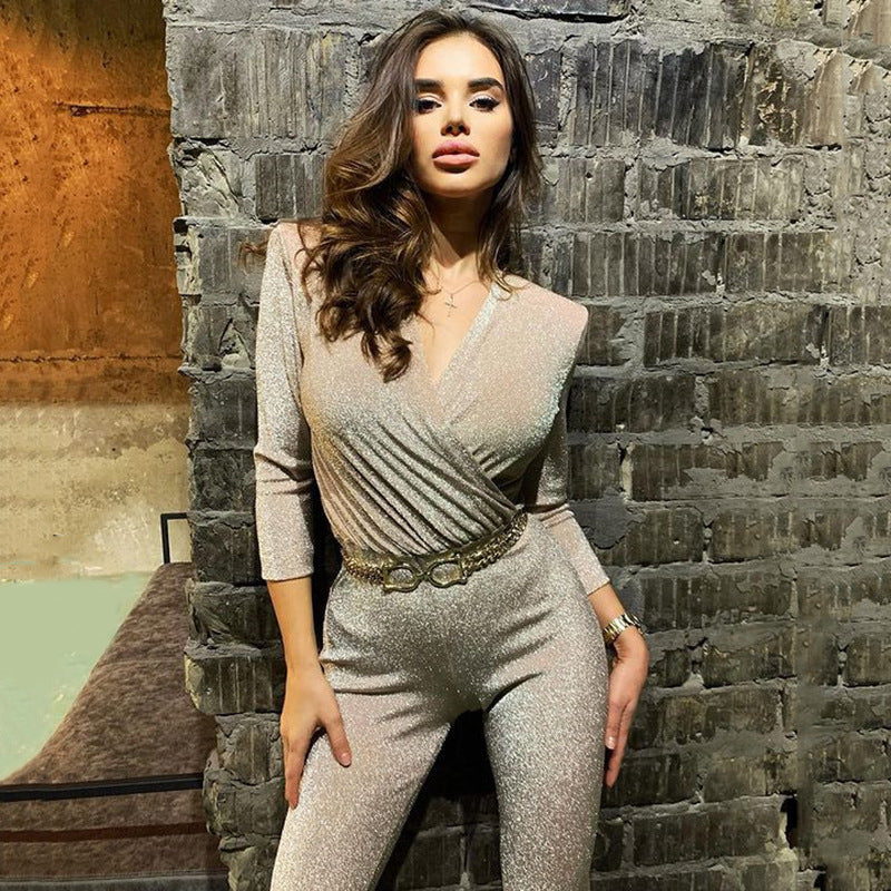 2025 women's clothing spring and autumn new sexy tops New Popular trade deep V-neck chest-wrapped shoulder pads half-sleeved bright silk jumpsuits