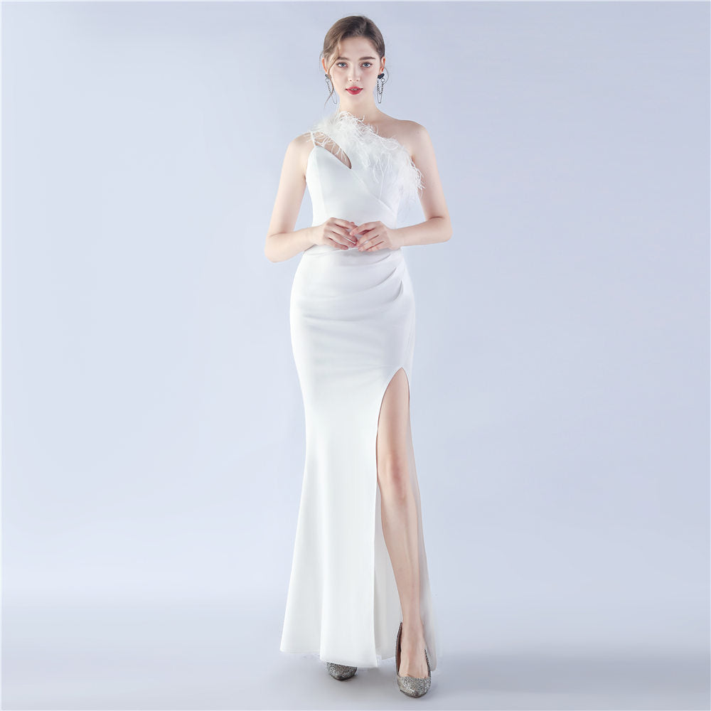 31358 #Hot trade new popular craft order ostrich hair banquet performance satin long evening dress